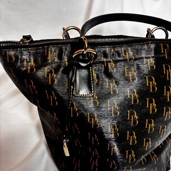Dooney & Bourke Black Patent Leather DB Monogram Tote Bag - Picture 3 of 11